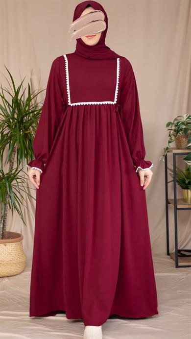 Bordo Dantel Detaylı Elbise 5126