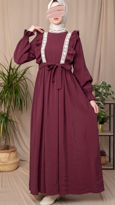 Bordo Dantelli Fırfırlı Elbise 5142
