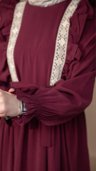 Bordo Dantelli Fırfırlı Elbise 5142