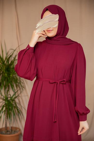 Bordo Eteği Nervürlü Elbise 5124