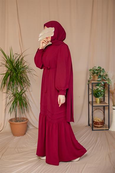 Bordo Eteği Nervürlü Elbise 5124