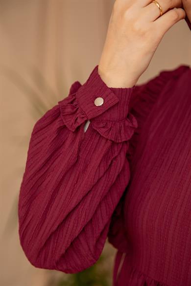 Bordo Göğsü Fırfırlı Elbise 5131