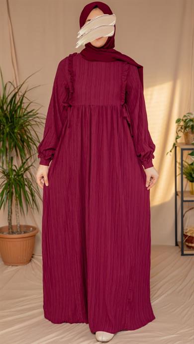 Bordo Göğsü Fırfırlı Elbise 5131