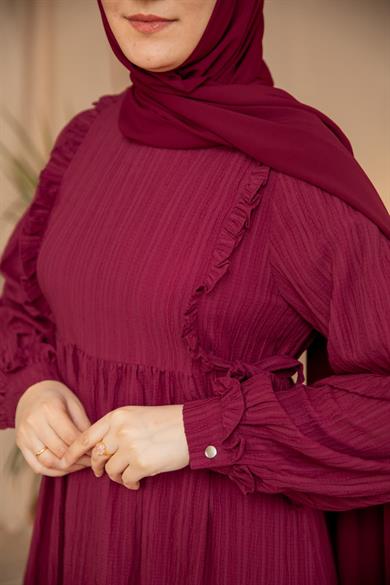 Bordo Göğsü Fırfırlı Elbise 5131