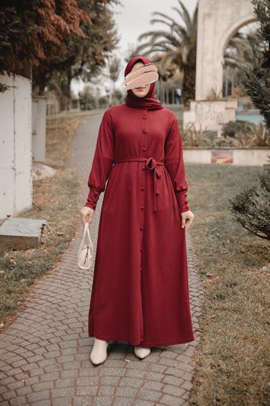 Bordo Kaplama düğmeli Elbise Nsr 5107