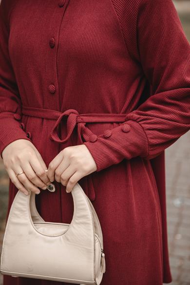 Bordo Kaplama düğmeli Elbise Nsr 5107