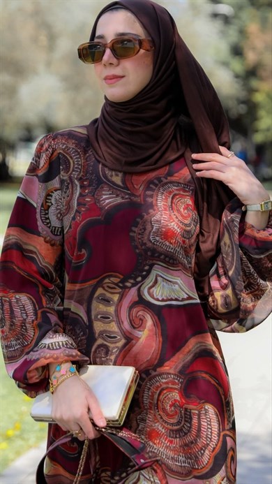 Bordo Kaplama Kemerli Şifon Elbise 5147
