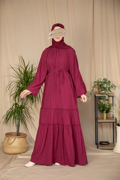 Bordo Kolları Kaplama Düğmeli Elbise 5132