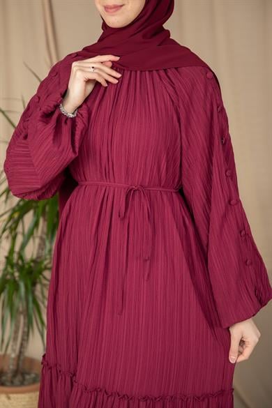 Bordo Kolları Kaplama Düğmeli Elbise 5132