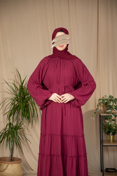 Bordo Kolları Kaplama Düğmeli Elbise 5132