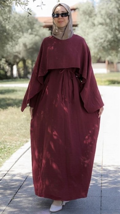 Bordo Önü Pelerinli Oversize Elbise 5156