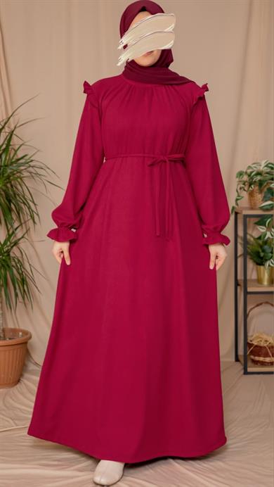 Bordo Omuzdan Fırfırlı Elbise 5128
