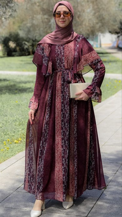 Bordo Omuzu Volanlı Şifon Elbise 5146