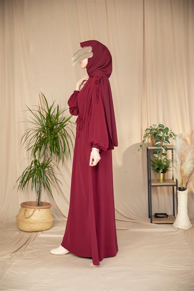Bordo Omzu Tünel Detaylı Elbise 5063