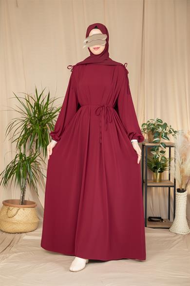 Bordo Omzu Tünel Detaylı Elbise 5063