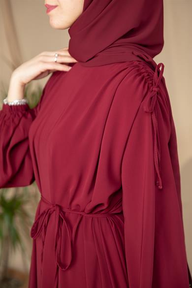 Bordo Omzu Tünel Detaylı Elbise 5063