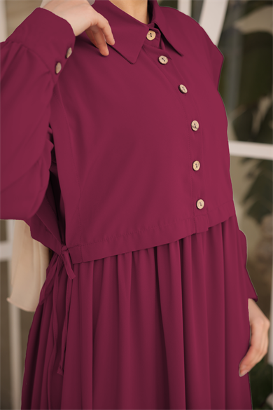 Bordo Önlüklü Medine İpeği Elbise 5065