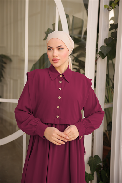 Bordo Önlüklü Medine İpeği Elbise 5065