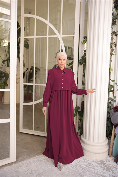 Bordo Önlüklü Medine İpeği Elbise 5065