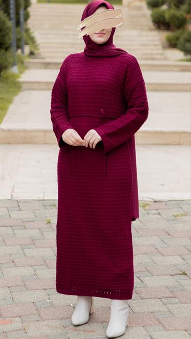 Bordo Oversize Tasarım Triko Elbise