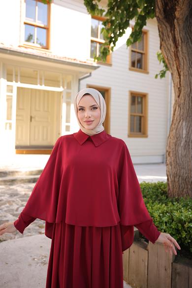 Bordo Pelerinli Elbise 5084