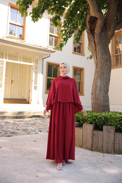 Bordo Pelerinli Elbise 5084