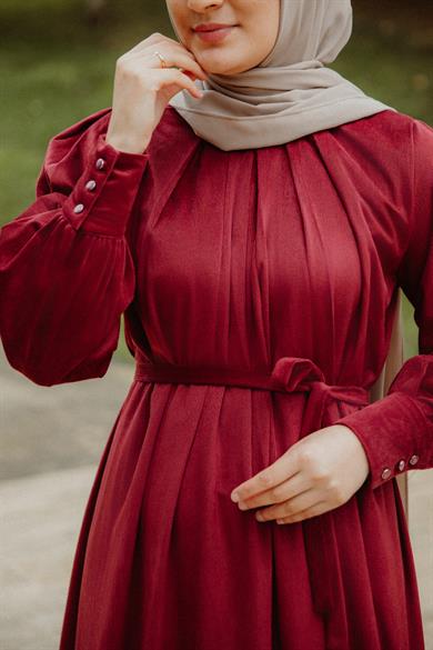 Bordo Pileli Elbise Nsr 5111