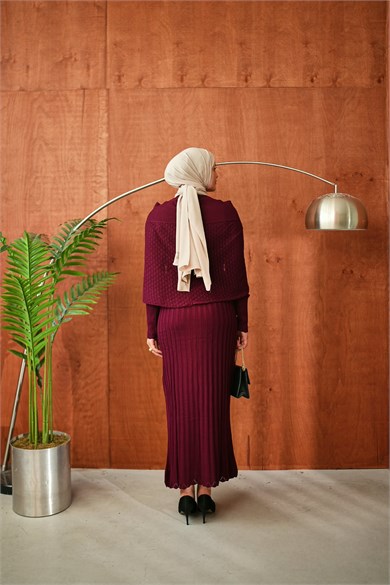 Bordo Tokalı Şallı Triko Elbise