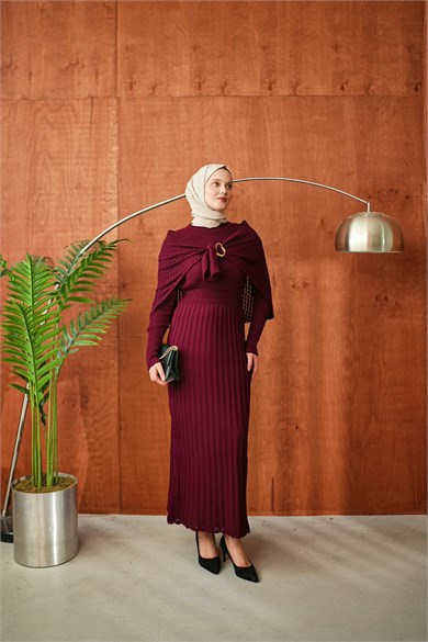 Bordo Tokalı Şallı Triko Elbise