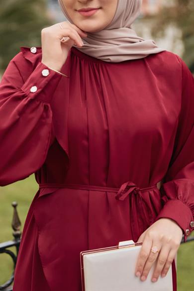 Bordo Volanlı Elbise 5116