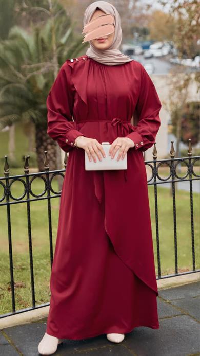 Bordo Volanlı Elbise 5116