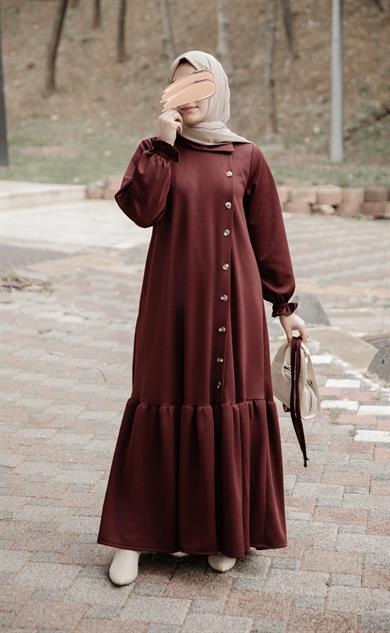 Bordo Yandan Düğmeli Elbise Nsr 5113