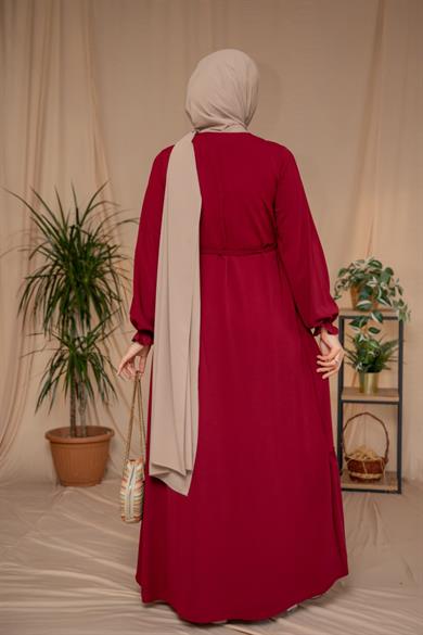 Bordo Yanları Katlı Kroş Elbise 5123
