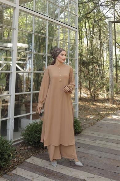 Camel Düğme Detaylı Örme Pantolon Takım 6020
