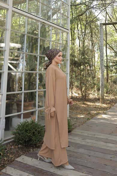 Camel Düğme Detaylı Örme Pantolon Takım 6020