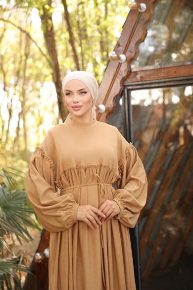 Camel Oversize Bel Büzgülü Elbise 8000
