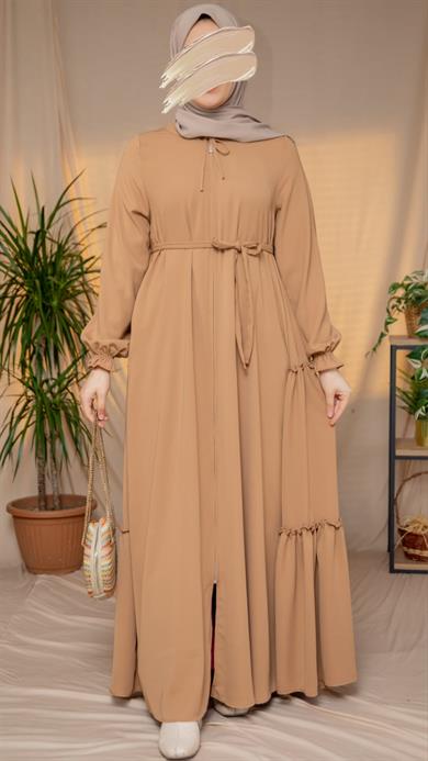 Camel Yanları Katlı Kroş Elbise 5123