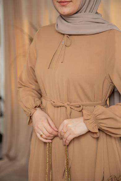 Camel Yanları Katlı Kroş Elbise 5123