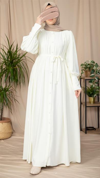 Ekru Boydan Kaplama Düğmeli Ferace 5130