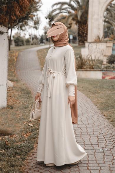 Ekru Kaplama düğmeli Elbise Nsr 5107