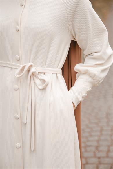 Ekru Kaplama düğmeli Elbise Nsr 5107