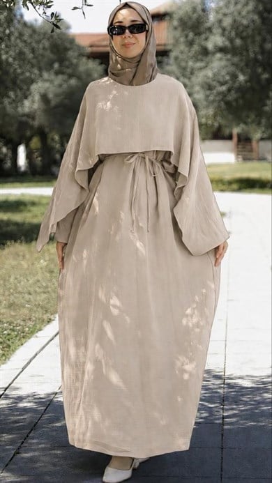 Ekru Önü Pelerinli Oversize Elbise 5156
