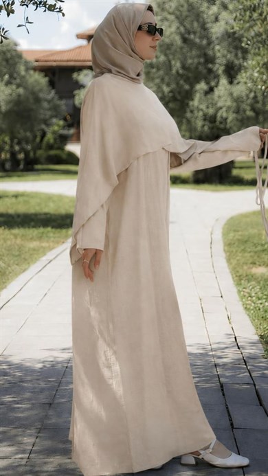 Ekru Önü Pelerinli Oversize Elbise 5156