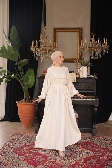 Ekru Robalı Büzgülü Oversize Elbise 5093