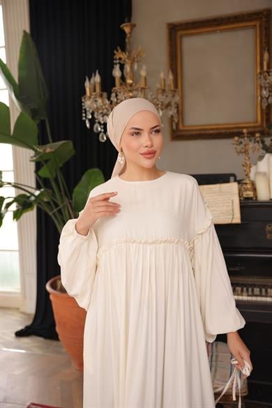 Ekru Robalı Büzgülü Oversize Elbise 5093