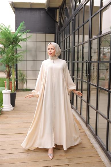 Ekru Yandan Büzgülü Ferace 5039
