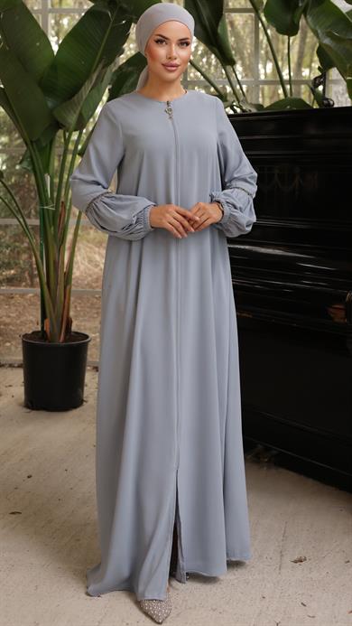 Gri Balon Kol Taşlı Ferace 5017