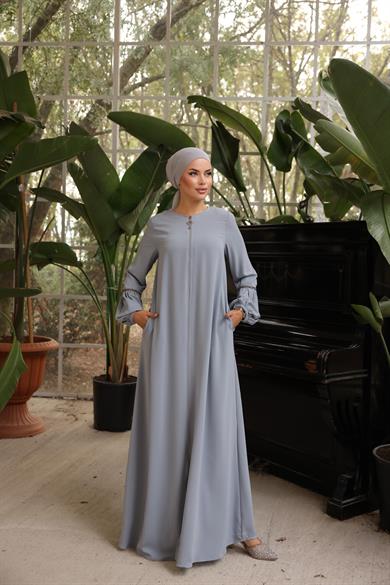 Gri Balon Kol Taşlı Ferace 5017