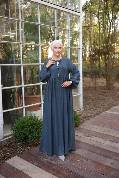 Gri Bel Büzgülü 3 Biyeli Tesettür Kimono 8024