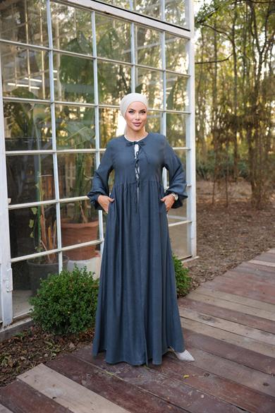 Gri Bel Büzgülü 3 Biyeli Tesettür Kimono 8024